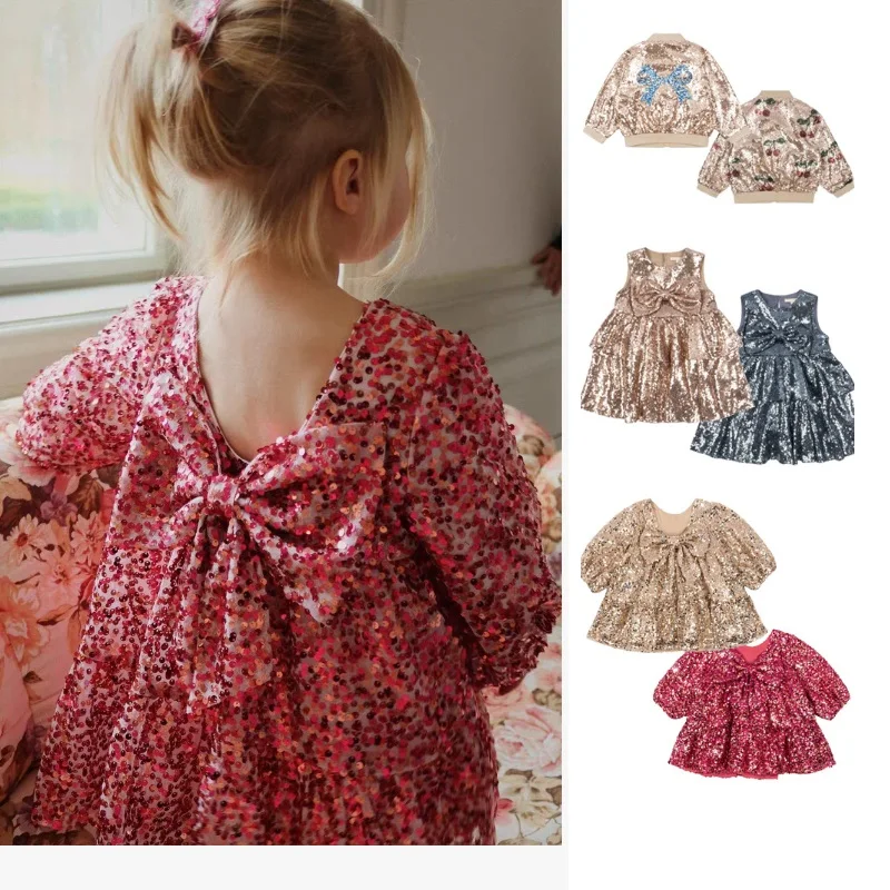 

Girls' Dess 2025 Autumn/winter New Sequin Fashion Party Princess Dress Pure Cotton Christmas Girls' Cake Skirt Cherry Jacket