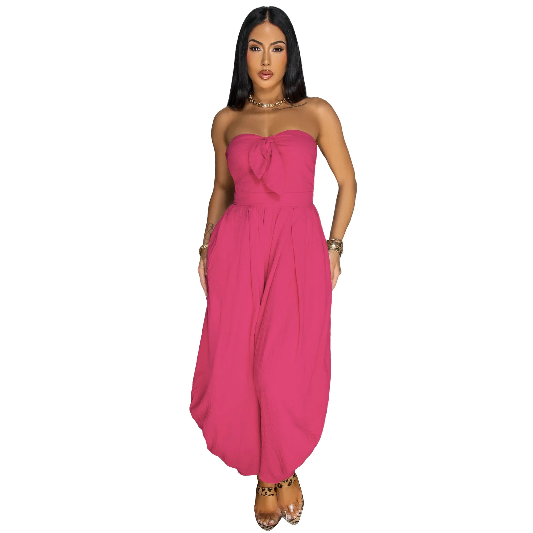 EINY Women Wide Leg Strapless Sleeveless Bowknot Jumpsuits 2025 Summer Nights Club Playsuit One Piece Suit Romper Birthday Dress