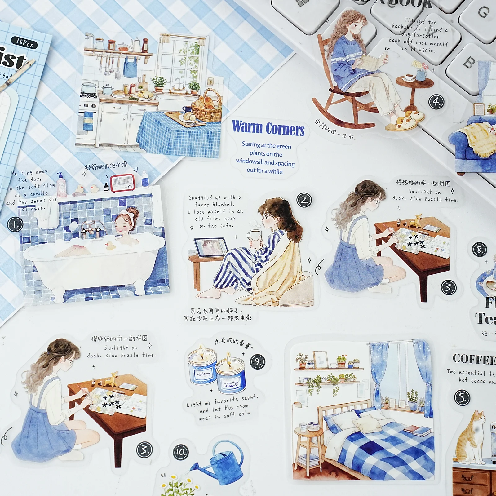 Etori Life Healing Series Home Life Journal Stickers 15Pcs Blue Series Daily Decorative Stickers for Girls Suitable for DIY Diaries, Laptops, Suitcases, Skateboards, Guitars, Photo Albums, Craft Scrapbooking Supplies, Office Decorative Accessories, Room Decoration, Envelopes and Gift Paper Bags, Label Seals, Very Perfect Stickers, Rich in Colors view 4