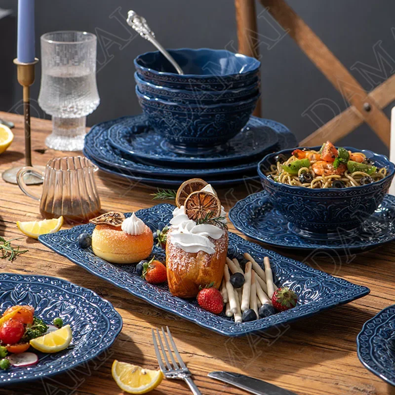Underglaze Ceramic Plate Set Retro Relief Decorative Western Steak Dish Restaurant Serving Tray Kitchen Dishes and Plates Sets
