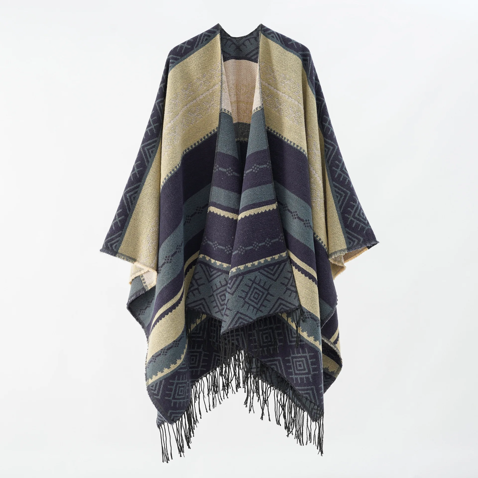 A woman\'s shawl fringed with geometric stripes for casual warmth and cold protection