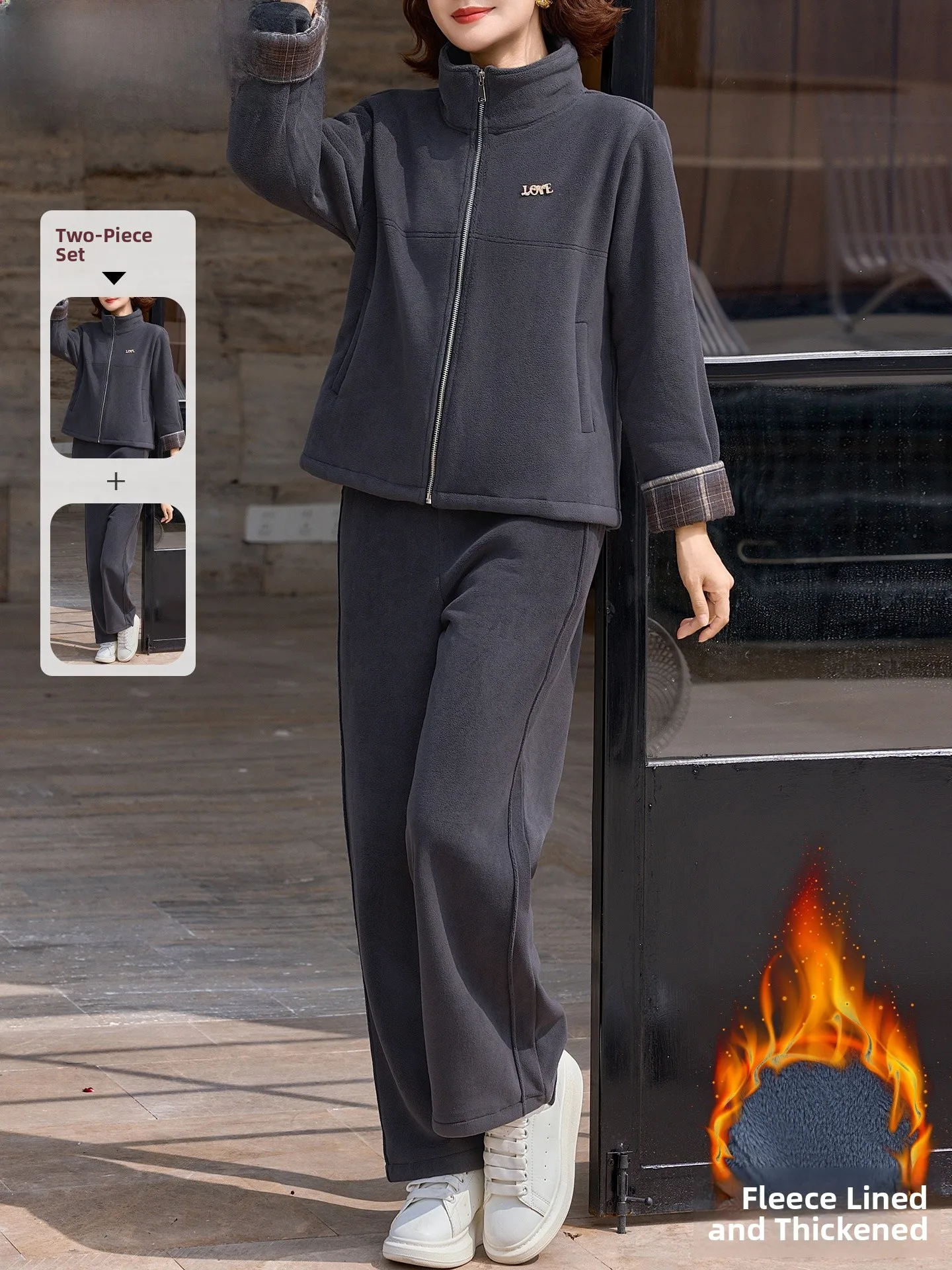 

Thiened Fce Women's Sportswear Set Autumn Winter Warm Long Sve Base irt Tee Pieces Suite for Middle-Aged And ly