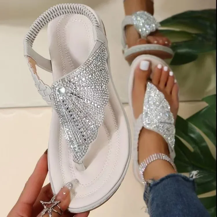 2026 summer new glass rhinestone woven beach sandals women's large size herringbone women's sandals