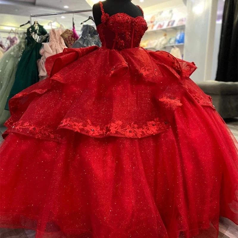 

Red Quinceanera Dress Off the Shoulder Ball Gown Lace Applique Beading Tull Sweet 16 Year Old Party Dress Vestidos De 15 Años