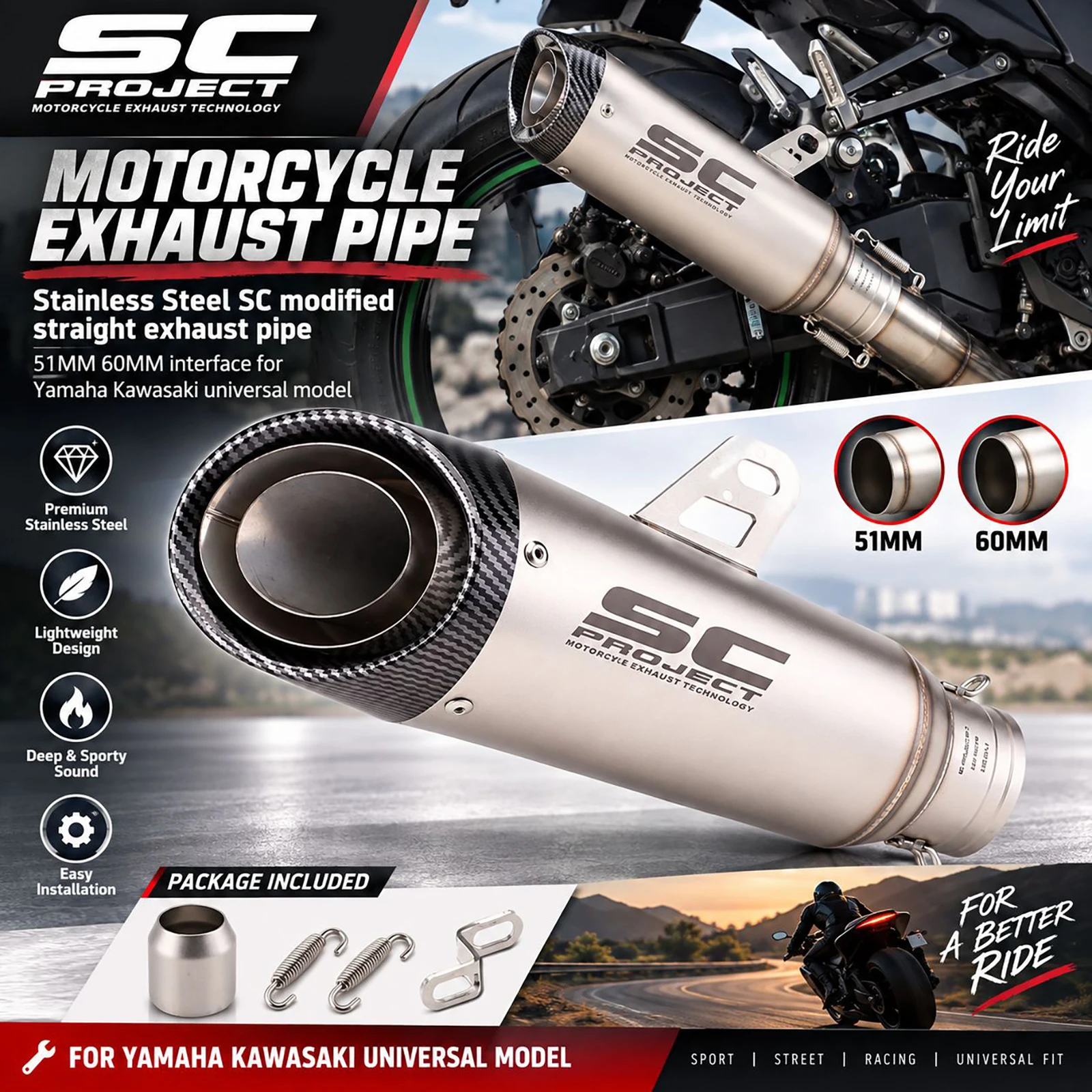 Image of Motorrad-Auspuffrohr aus Edelstahl, gerade, modifiziert, 51 mm, 60 mm, passend für Yamaha, Kawasaki, universell für Ninja Z250, 300, R25, R3, R6, MT07, MT09, Tmax155, Tmax560, GSX250, Pcx125