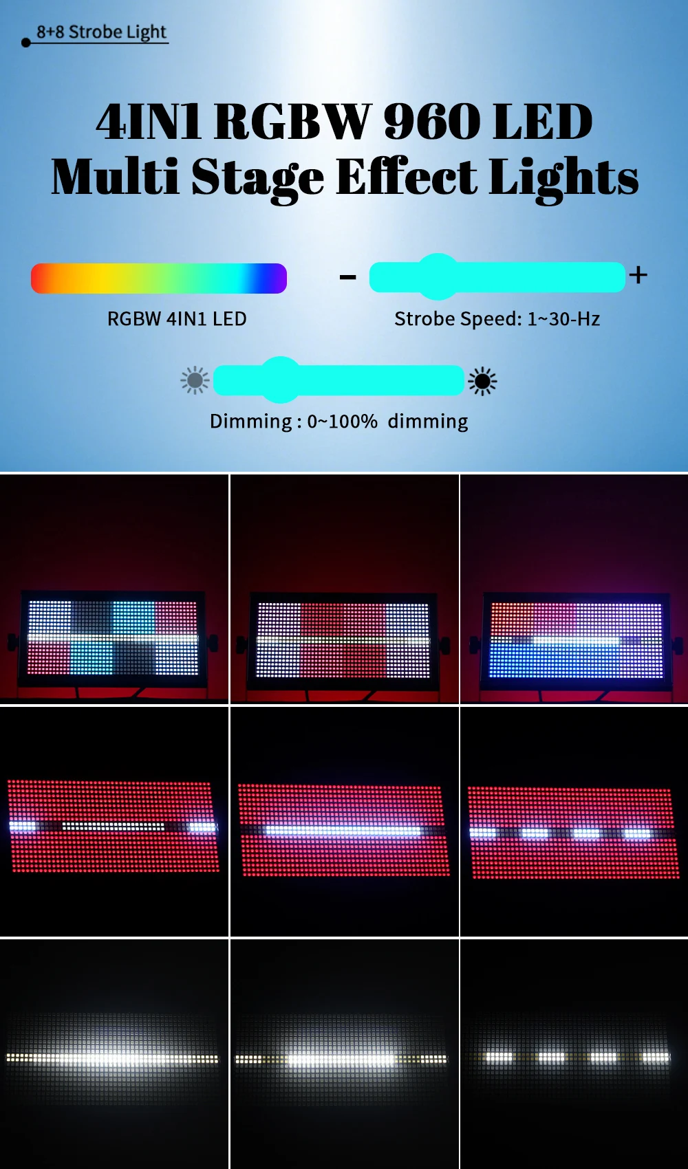 2 Stück 1000W 8+8 Stroboskoplicht RGBW 960LED Urlaubs-Ambientebeleuchtung DMX512 DJ Disco-Lichter für Lichtshows, Bars, Clubs und Bühnendekoration – Detail 4
