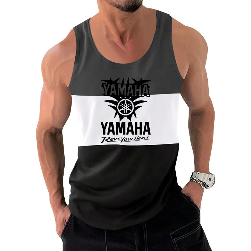 YAMAHA New Stripe  Print Tank Tops Men Neck Fitness Gym Vest Casual Streetwear Oversized Bodybuilding Sleeveless Top Man Clothin