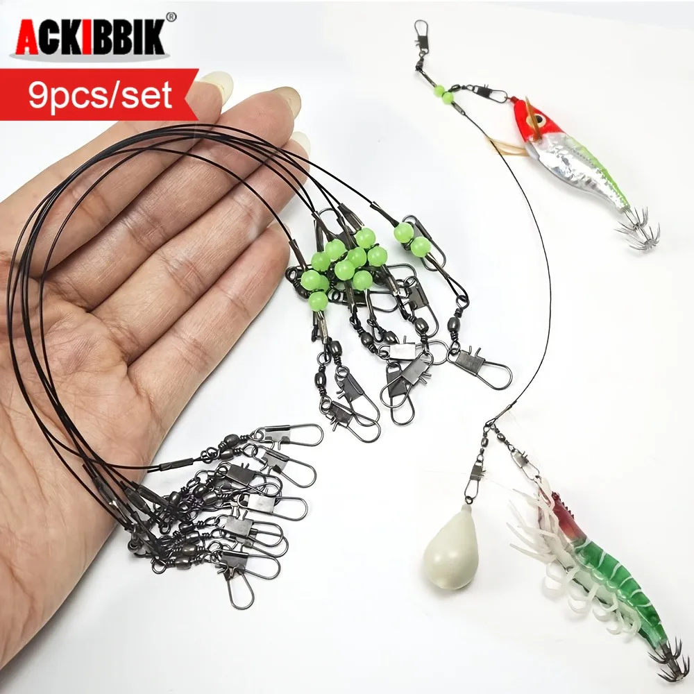 9-teiliges Leuchtendes Tintenfisch-Angelrig mit Drahtvorfach, Wirbeln und Karabinern, Leuchtet im Dunkeln, für Sepia und Oktopus, Salzwasser-Angelausrüstung