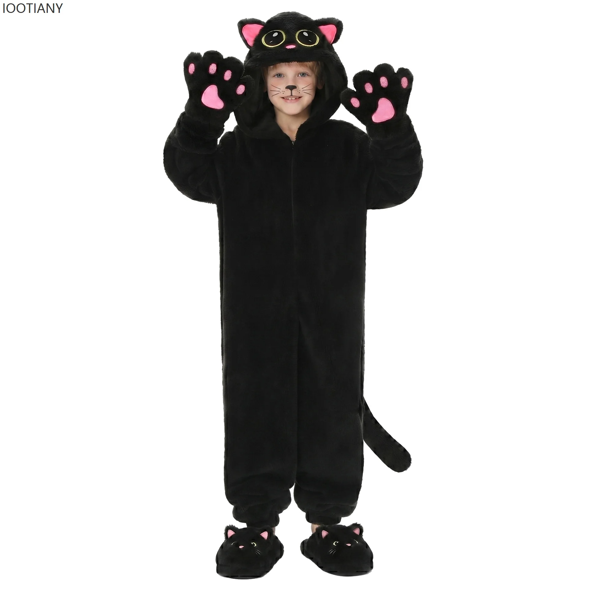 

Enfant Cute Black Cat Kigurumi Costume Niño Plush Hooded Anime Dress Up Fancy Halloween Christmas Party Cosplay Pajamas