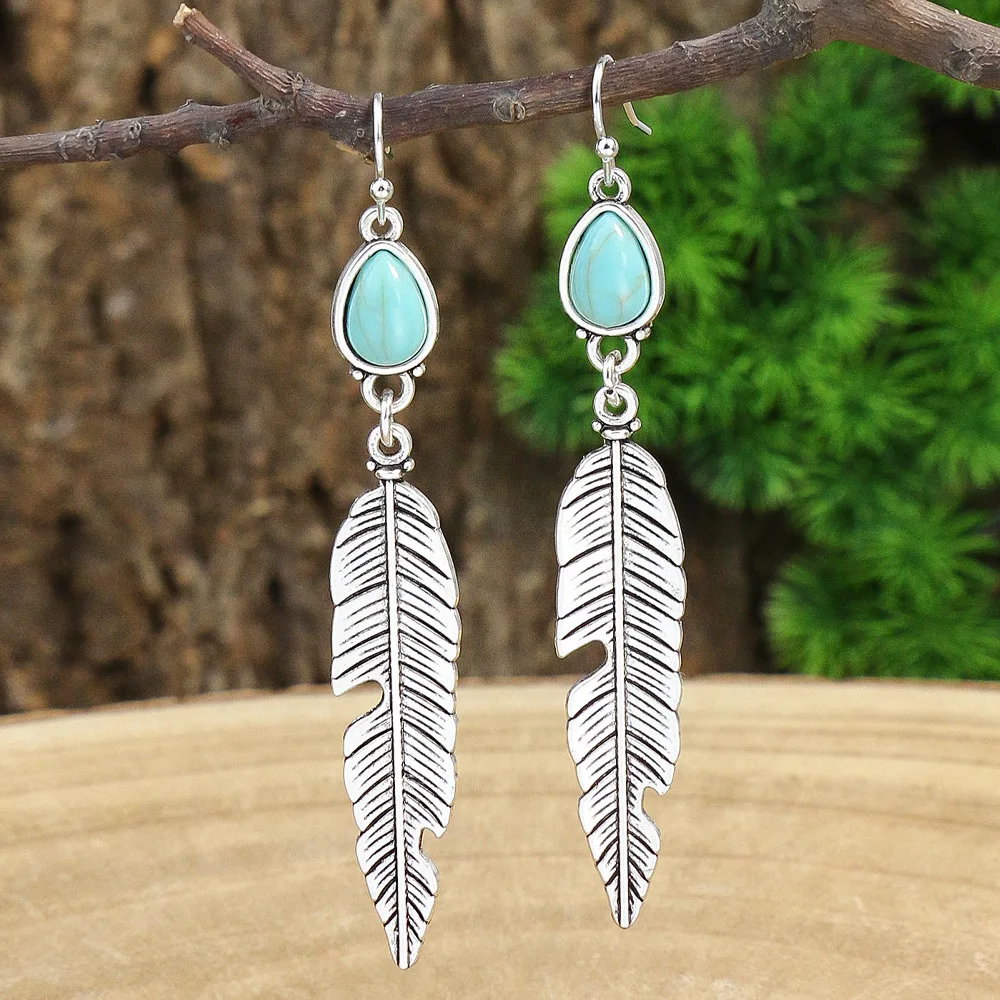 Ethnic Long Simple Metal Leaf Earrings for Women Vintage Stone Water Drop Dangle Earrings Indian Jhumka Vacation Casual Jewelry