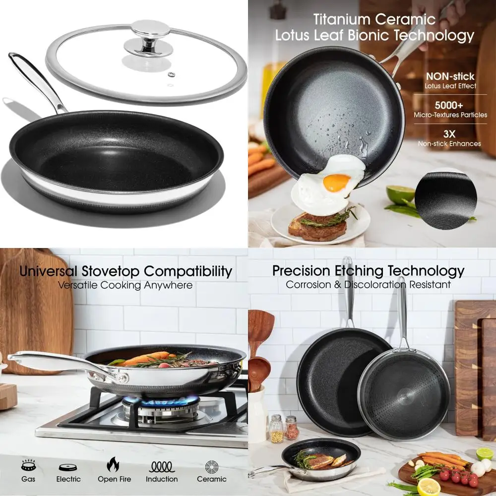 

Набор сковородок с антипригарным покрытием из титана и керамики с крышкой, прохладной ручкой, без PFAS и PTFE, нетоксичный, можно мыть в посудомоечной машине для здорового приготовления пищи