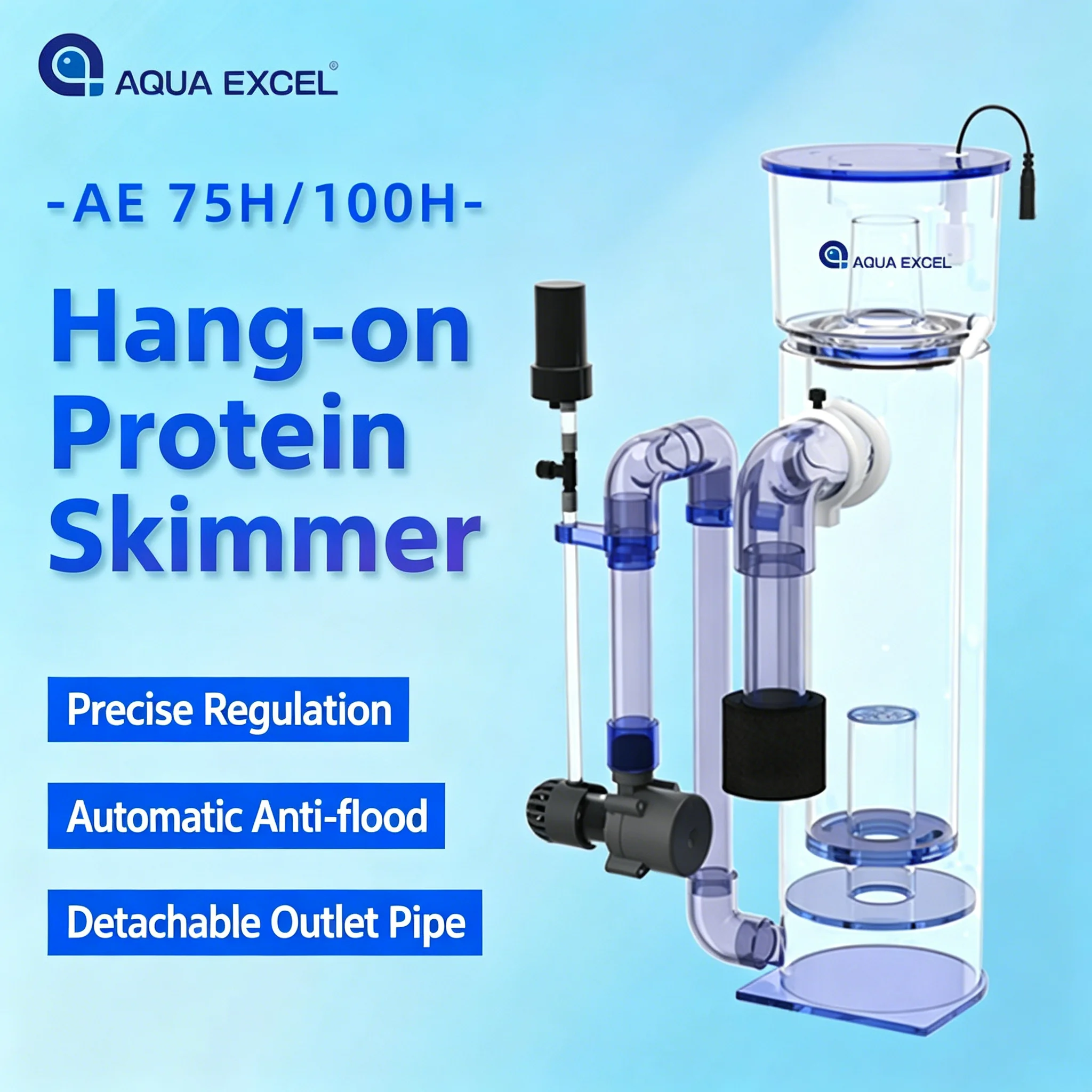 AQUA EXCEL AE-75H/100H Skimmer de Proteínas para Acuario, Filtro Externo de Corriente Continua para Acuarios de Agua Salada, para Peceras de Arrecife de Coral
