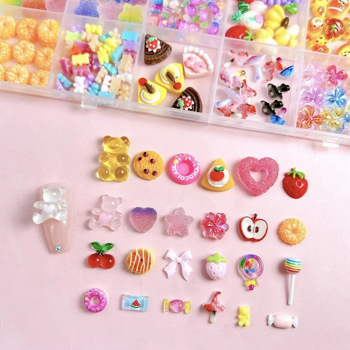 1 Box Bunte Multi-Style Mixed Nail Art Dekoration Harz Obst Süßigkeiten Serie Schleife Blume Nagel Charms Zubehör für Maniküre DIY