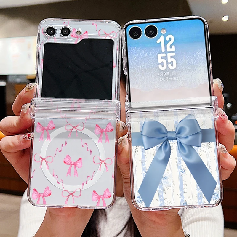 Bowknot Patterned Magnetic Phone Case For Samsung Galaxy Z Flip 7 FE 6 5 4 Flip7 Flip6 Flip5 Shockproof Folding Clear Hard Cover