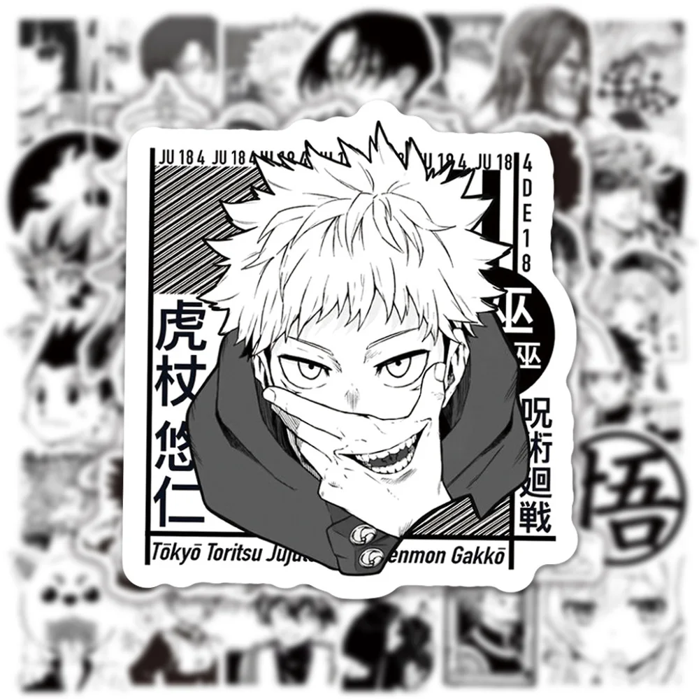 10/30/50/100pcs Mix Black White Anime Stickers One Piece Jujutsu Kaisen Cartoon Decals Laptop Phone Suitcase Cool Manga Sticker