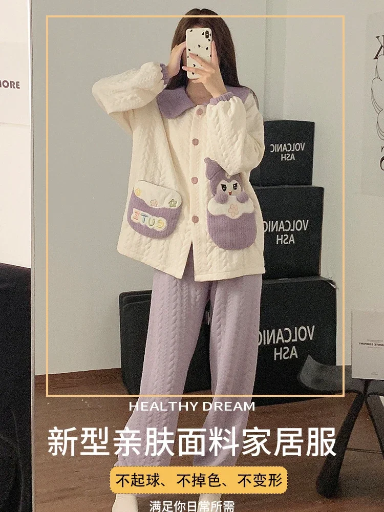 Big Size M-5XL Women Air Cotton Pajamas Set Winter Thick Warm Loose Sleepwear Cartoon Top Pants Home Casual Warm Woolen Suit