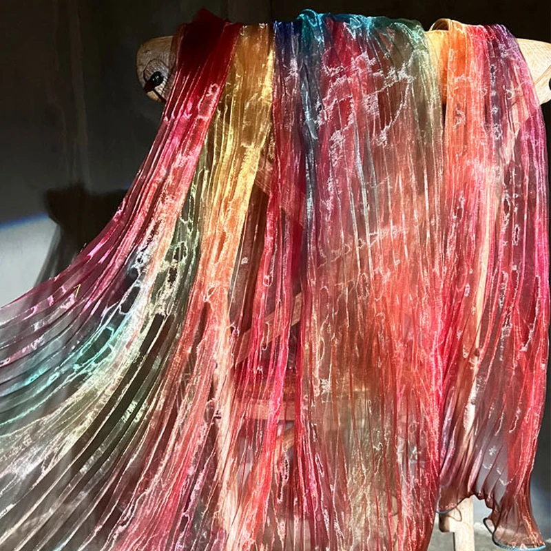 

50x140cm Iridescence Halo Dyed Organza Fabric Rainbow Gradient Pleated Laser Wavy Edge Tulle Fabric DIY Sewing Performance Dress