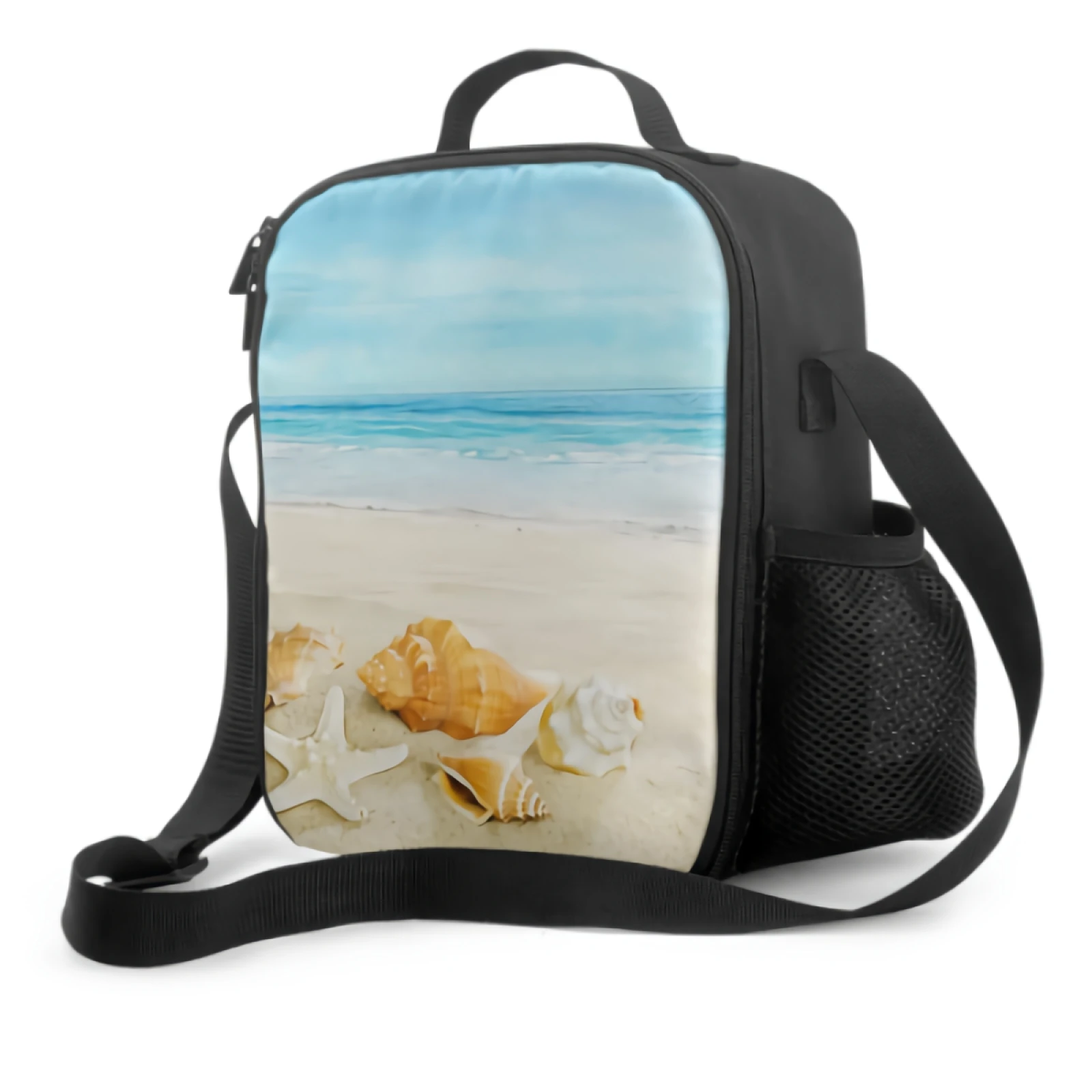 Landscape With Shells On Sandy Beach Insulated Lunch Box Nautical Ocean Sea Theme Lunch Bag Food Container for Travel Picnic