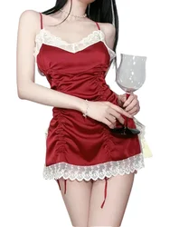 Summer Women's Sexy Lace Red Temperament Temptation Dress Deep V Velvet Side Drawstring Fashion Slim Wrap Hip Mini Dress 78Y9