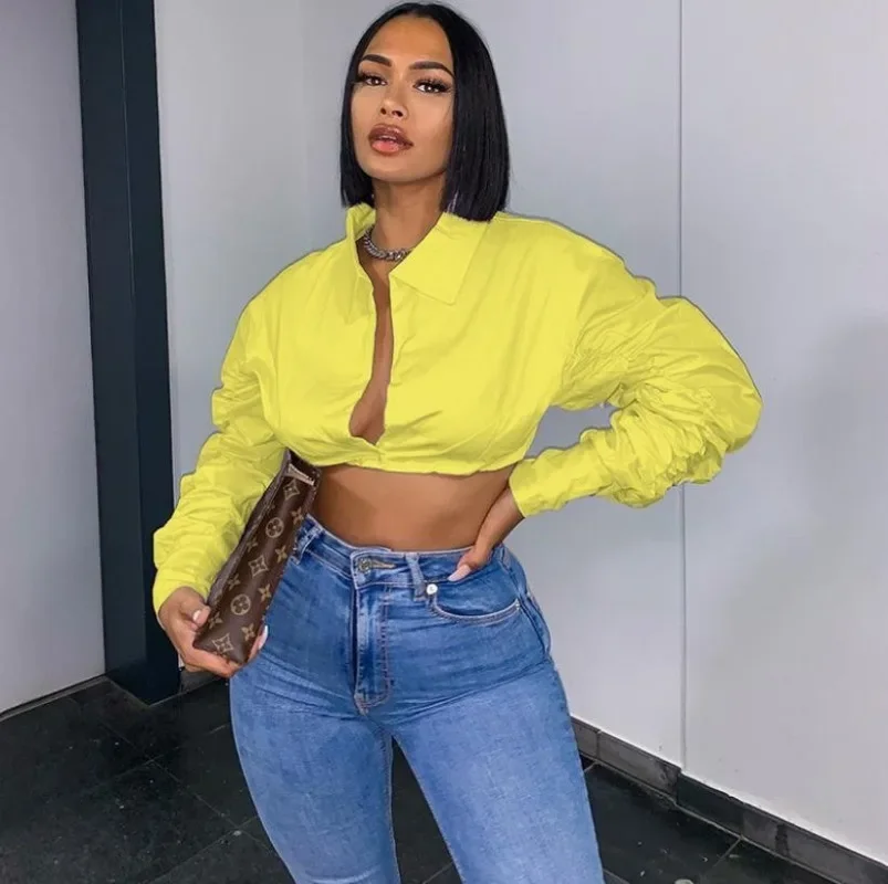 Spring New Women's Sexy Bandeau Umbilical Exposed Long Sleeve Deep V-Neck Top Shirt Loose Sleeve Women's Solid Top Independent