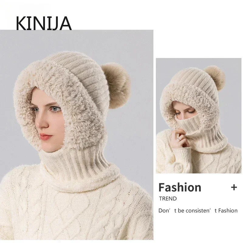 Women Hooded Cap Winter Velvet Knitted Skullies Beanies  Ear Protection Fluffy Hat Lady Mask Neck Integrated Warmth Cover Hat