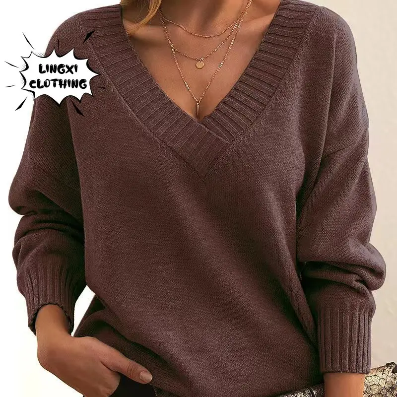 2023 Autumn and Winter New Women\'s Knitted Pullover Large Size Loose V-neck Elegant Fashion Warm Casual Warm Top Sweater Jumper