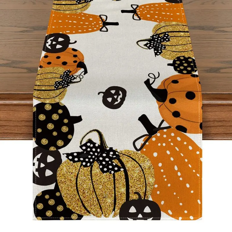 VIKAMA Fall Halloween Table Runner Glitter Polka Dot Pumpkin Bow for Dining Table Home Farmhouse Holiday Party Decor