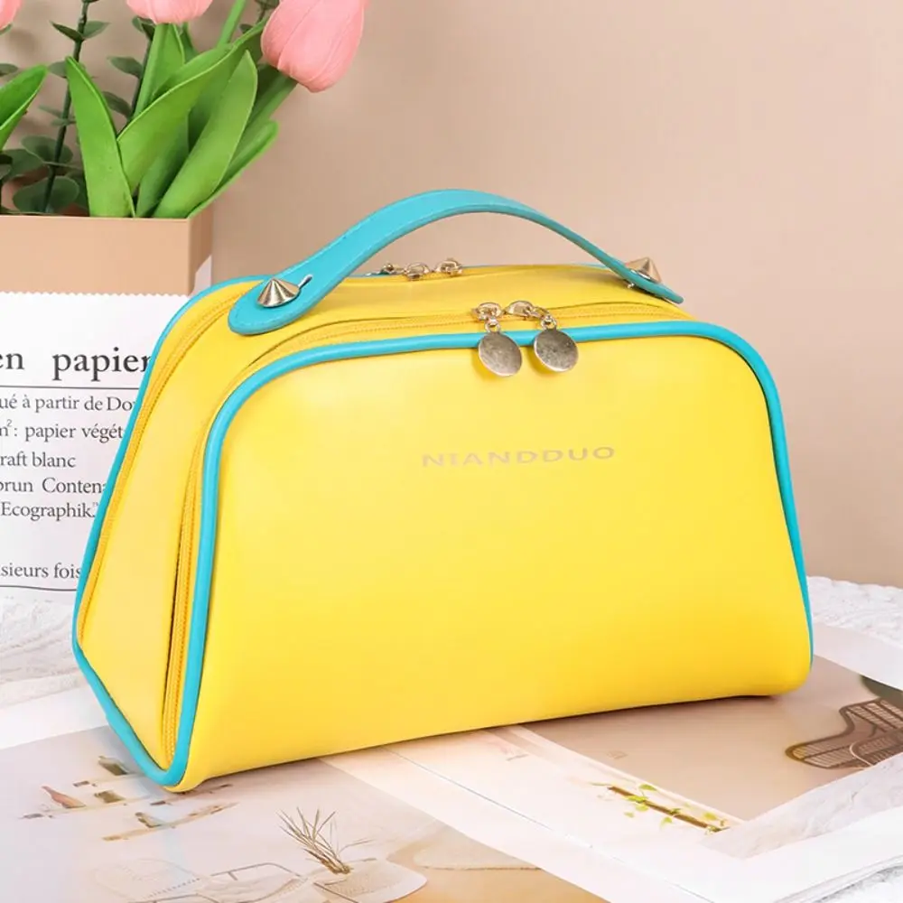 

Large Capacity PU Makeup Bag Double Zipper Waterproof Handheld Cosmetic Case Multifunctional Pure Color Travel Toiletry Bag