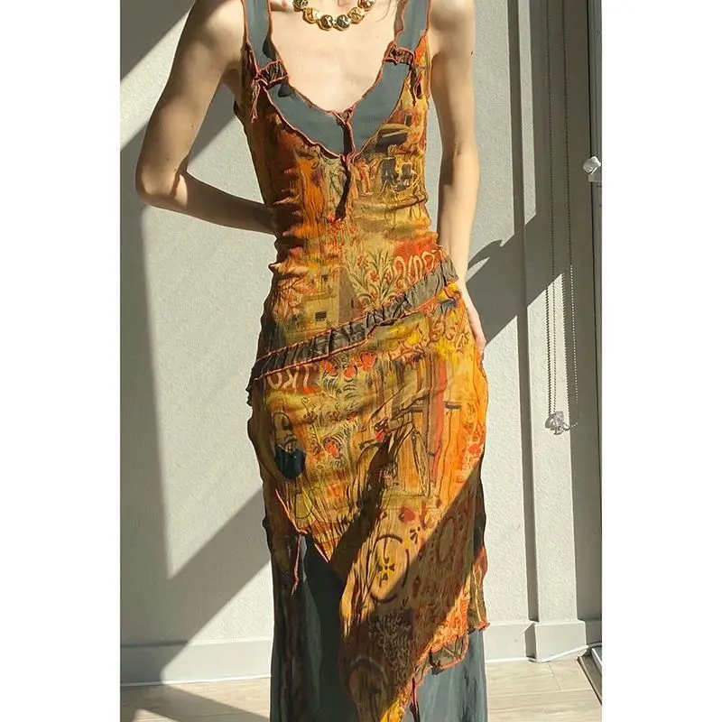 

New Printed Retro Irregular V-neck Sleeveless Slim Mesh Dress for Summer 2025