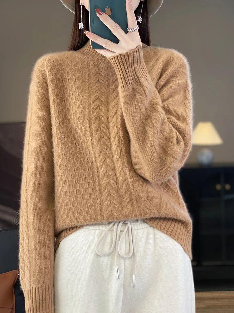 Autumn Winter Women Thick Sweater Mock Neck Pullover Twist Flower 100% Merino Wool Soft Warm Cashmere Knitwear Korean Fashion