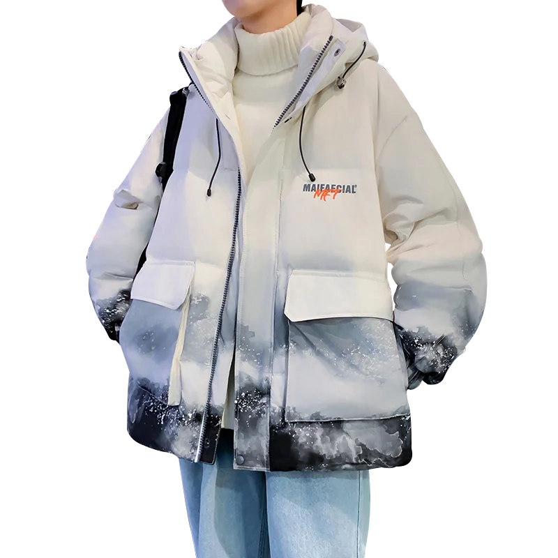 Casual 2024 inverno moda masculina tie-dye quente com capuz pato branco para baixo jaquetas juventude streetwear solto grosso à prova de vento casacos puffer