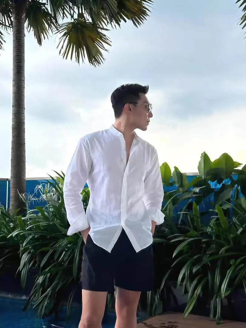 

Мужская хлопково-льняная рубашка приталенного кроя с длинным рукавом, воротником-стойкой, для активного отдыха, с защитой от солнца, дышащая, комфортная, в американском стиле