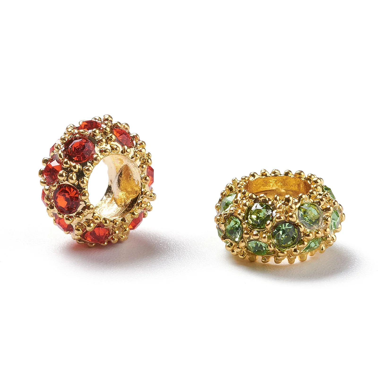 100pcs Alloy Rhinestone European Beads Random Mixed Color Rondelle Large Hole Beads Golden Platinum Metal Color, 11x6mm