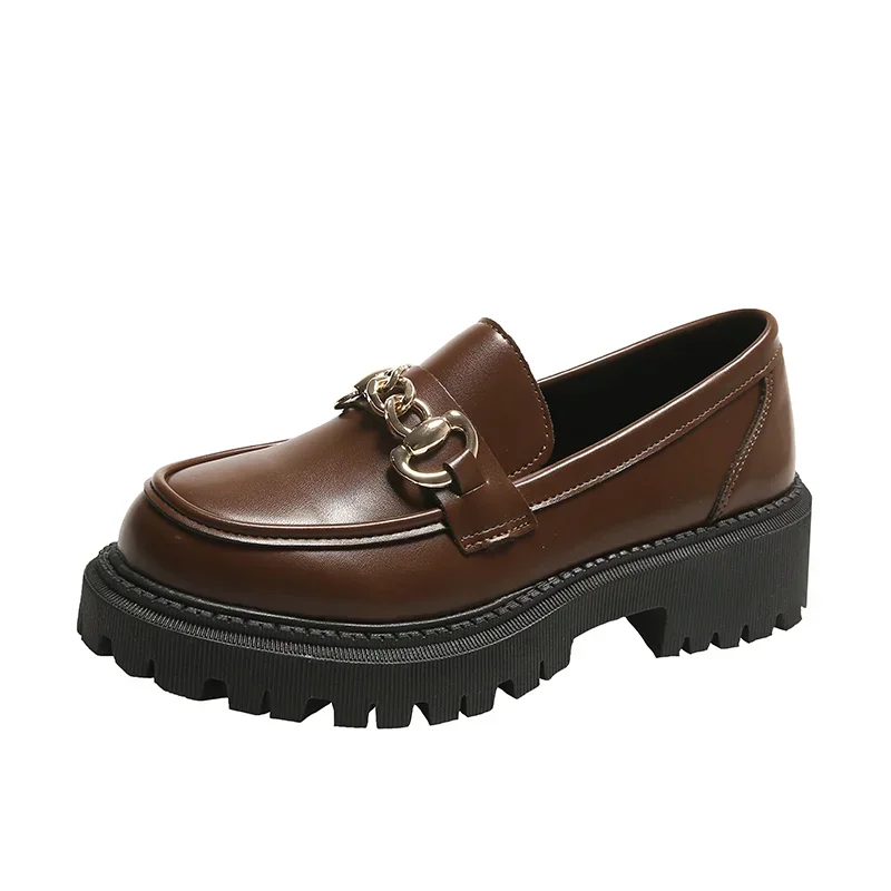 2024 Chunky Loafers Women Pu Leather Platform Shoes Round Toe Metal Chain Ladies Flats