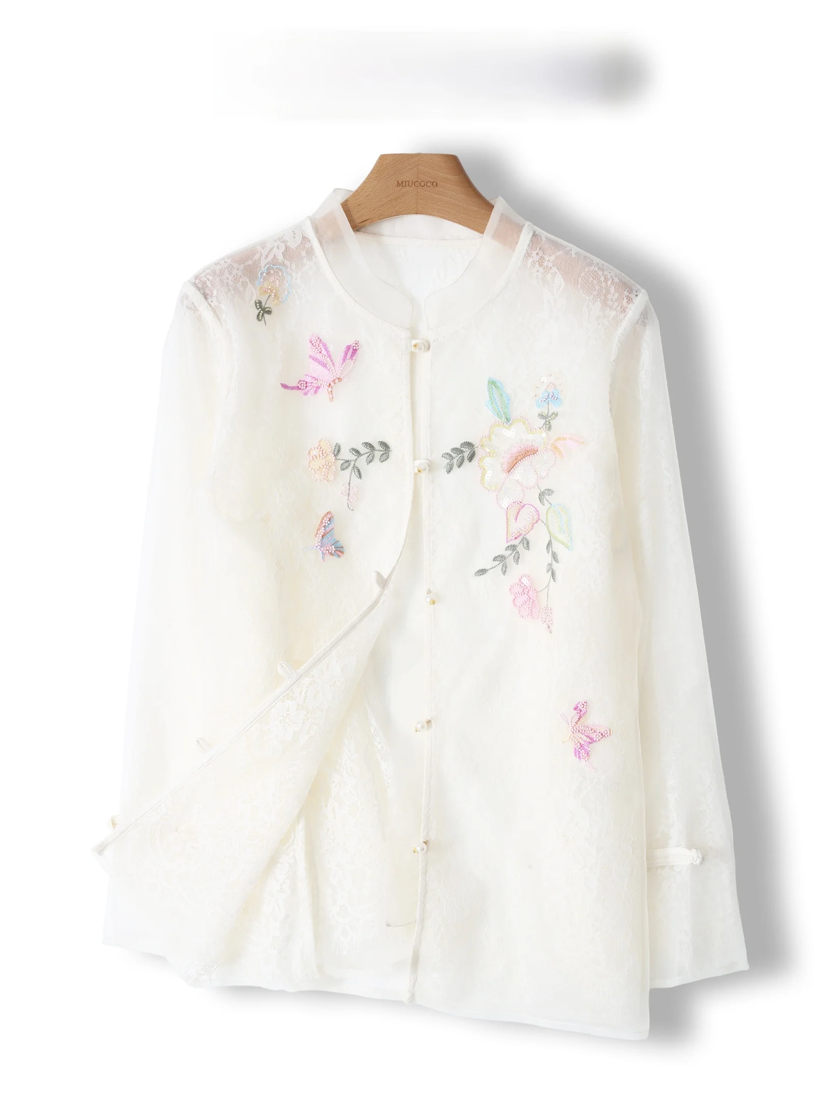 

New Chinese Style Embroidered Thin Ogees Sun Protection Shirt Stand Collar European Style Sunscreen Top Women's Loose Fit Shirt