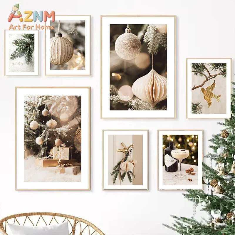 AZNM Neutral Winter Christmas Canvas Print, Vintage Car Snow Globe Pine Branch Unframed Canvas Painting, Xmas Holiday Wall Art f
