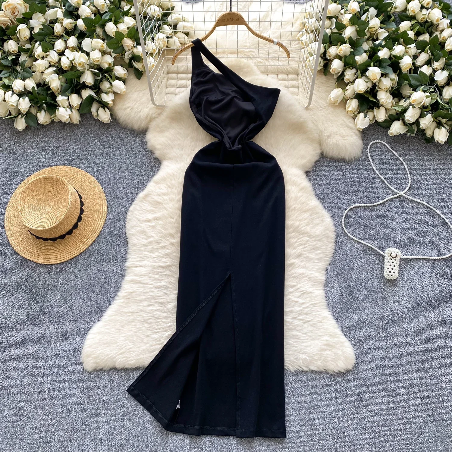 Sexy Diagonal Collar Vintage Single Strap Elegant Backless Chic Slim Split Dresses French Evening High Street Autumn Clothing