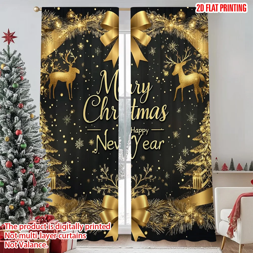 

2pcs 2D flat printing Christmas Scene Curtain Golden Deer Christmas 100% Polyester Without Electricity Versatile Perfect for