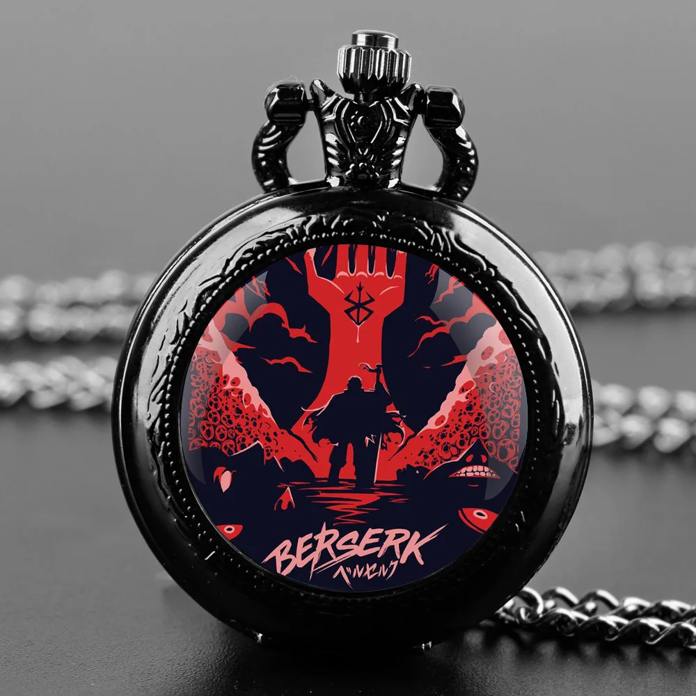 ساعة جيب كوارتز سوداء على شكل قبة زجاجية من Anime Berserk مع قرص أرقام عربية وسلسلة متينة هدية ريترو للرجال والنساء