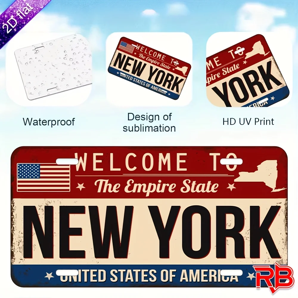 New York Welcome Sign Vintage Metal Wall Art with American Flag And State Outline UV Printed Home Decor 30x15 Cm