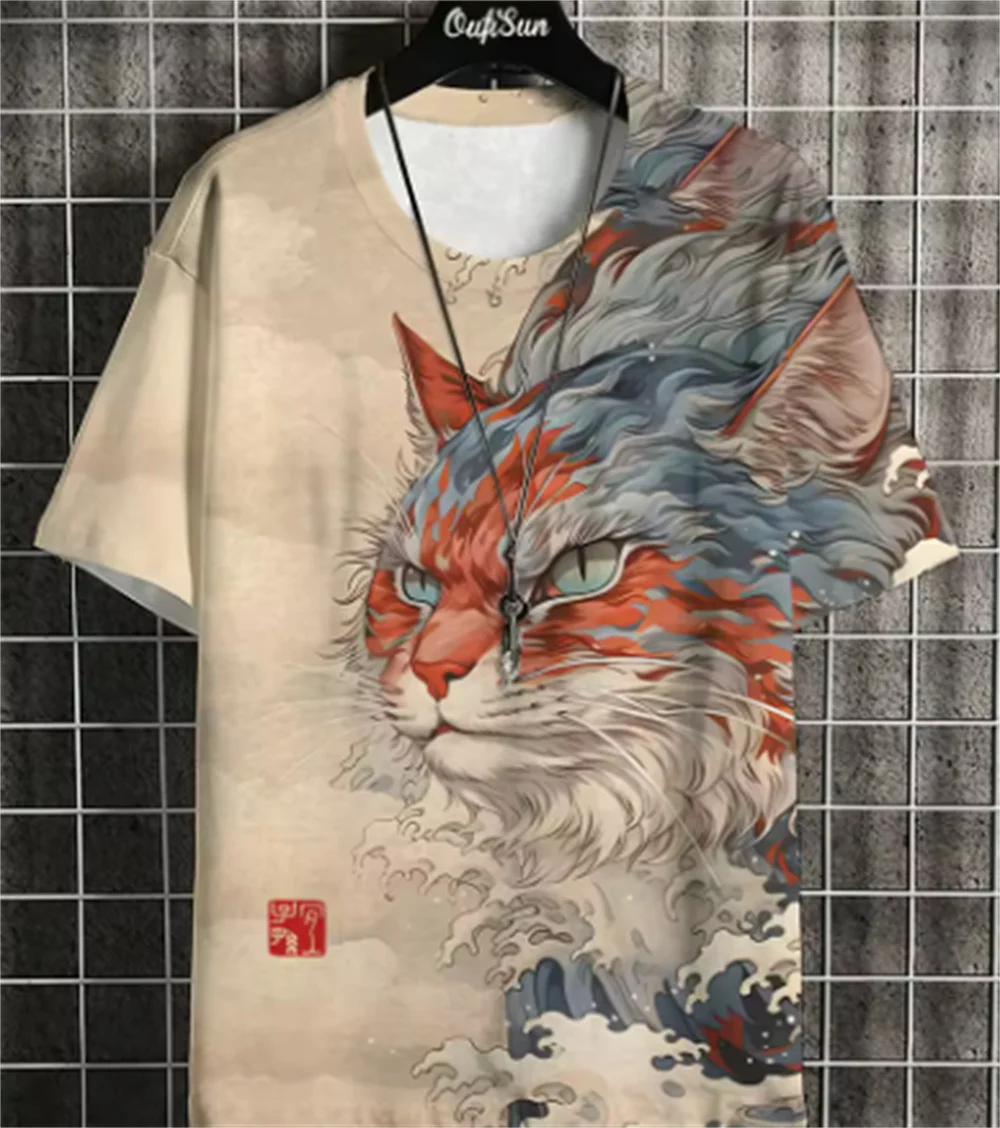 

Летняя футболка с короткими рукавами Harajuku с принтом кота, мужской свободный пуловер с круглым вырезом, модная уличная мужская одежда