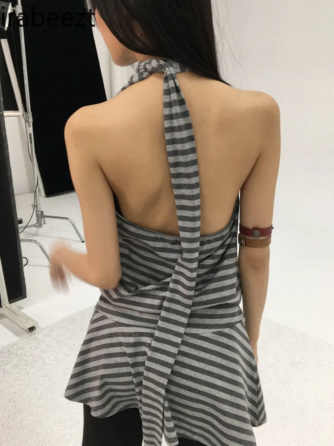 American Retro Stripes Relaxed Sense of All Summer Lazy Loose Small Sleeveless Hollow Backless Folded Dress Vestidos De Mujer