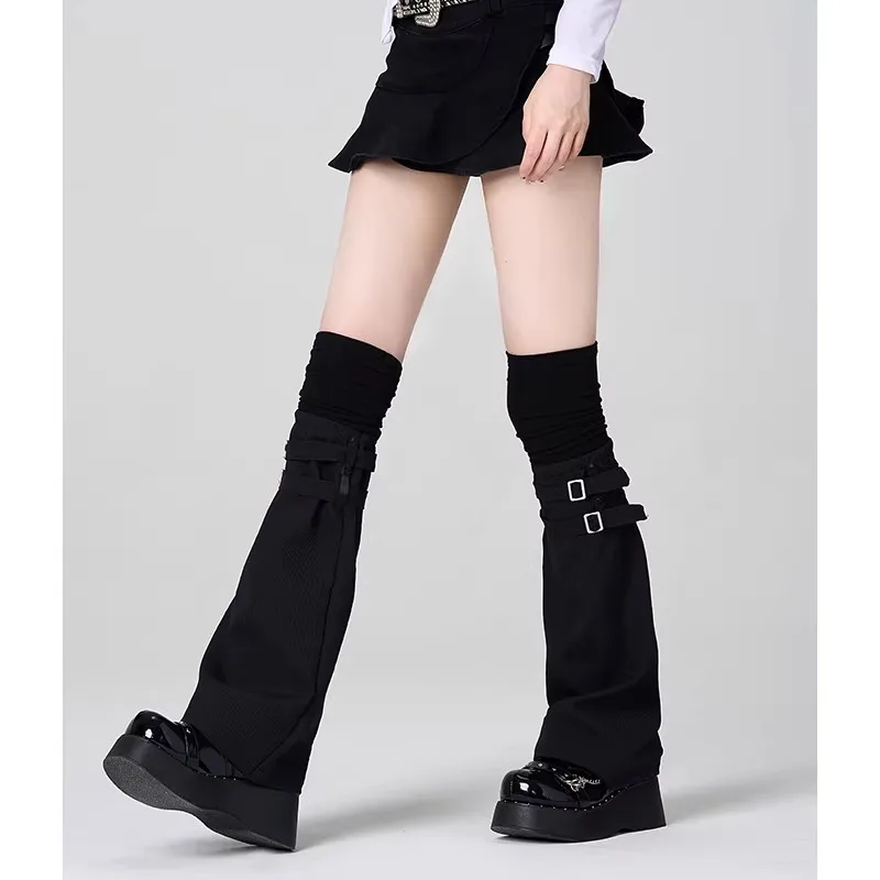 Black White Fake Two Piece Leg Sleeves, Subculture Leather Buckle Slouch Wide Leg Over Knee Socks R2709