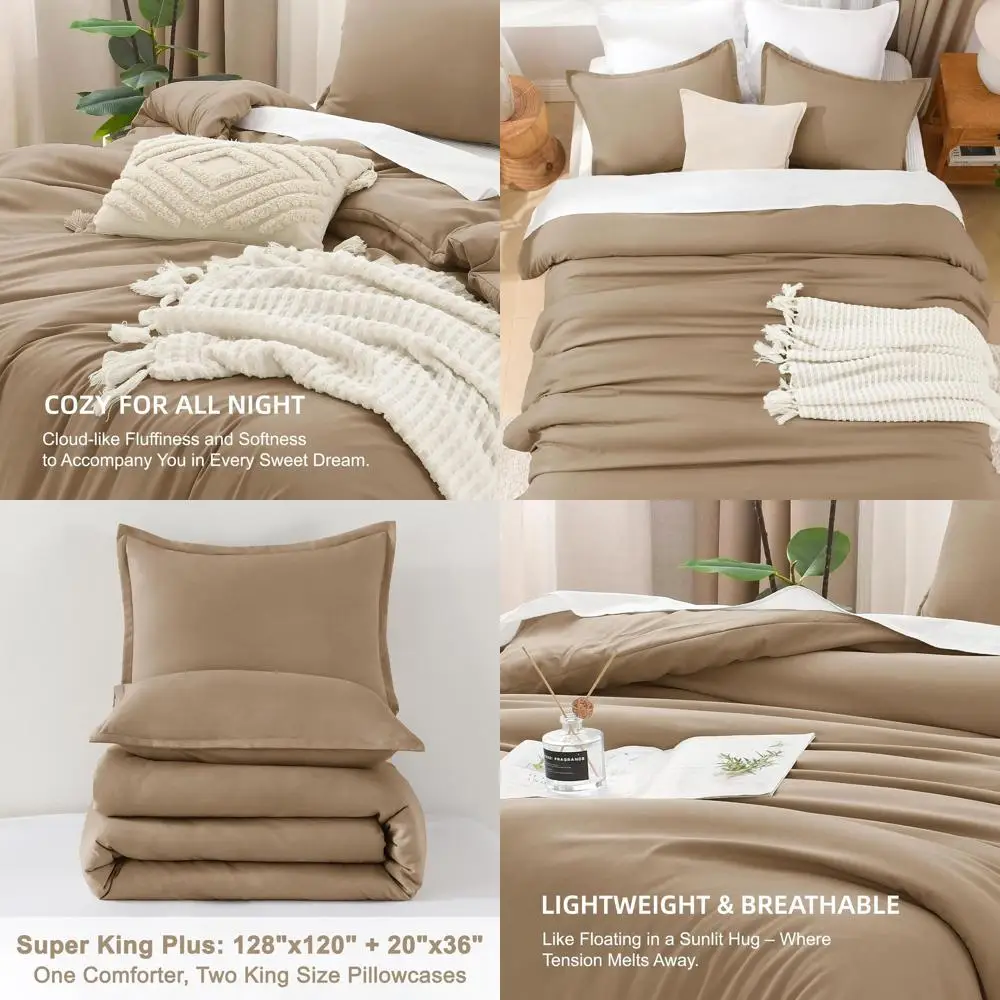 

Легкий однотонный комплект постельного белья Super King Plus Size Taupe из трех предметов с пушистым одеялом и наволочками на все сезоны