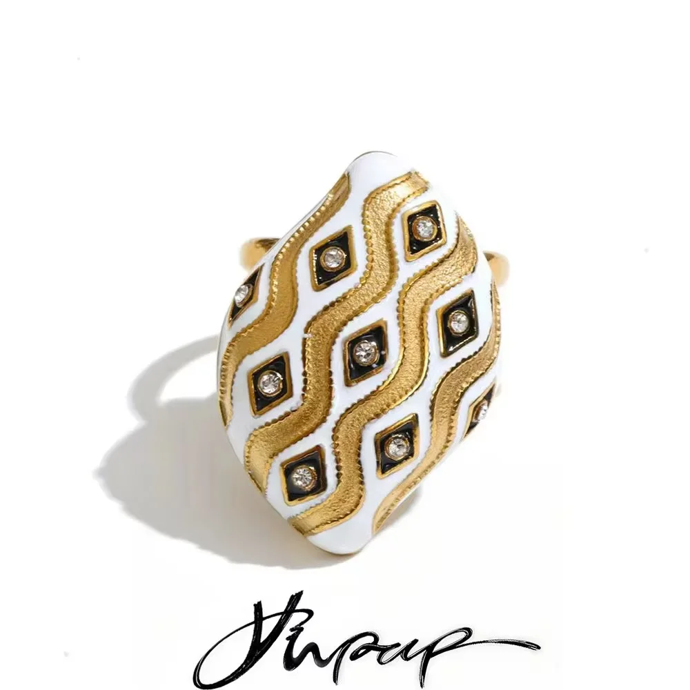 Yhpup Stainless Steel Enamel Rhinestones Adjustable Ring 18K PVD Plated Gold Color Vintage Trendy Jewelry Rust Proof
