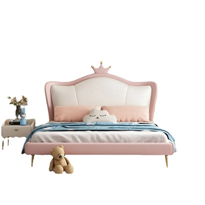 

Pink princess leather bed, girl, creative 1 solid wood leather bed