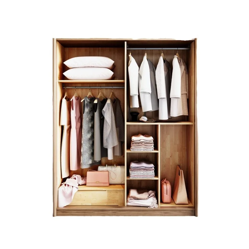 Full solid wood wardrobe push-pull home bedroom floor-to-ceiling locker modern simple mobile wardrobe