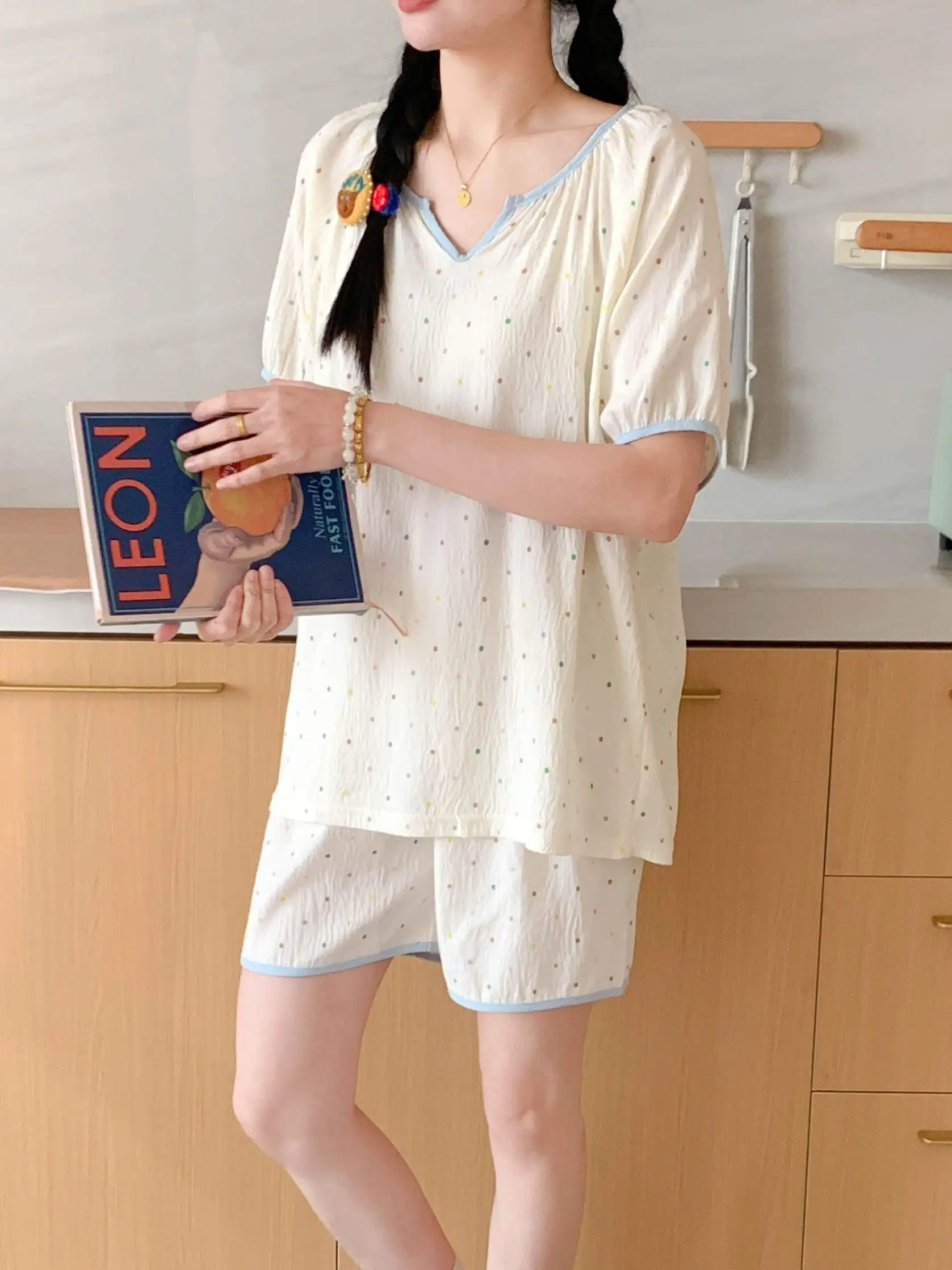 Summer New Women's Sleepwear Set Pure Cotton Short Sleeve Short Pants Sweet Polka Dot Cloud Cotton Home Clothes Skin-friendly
