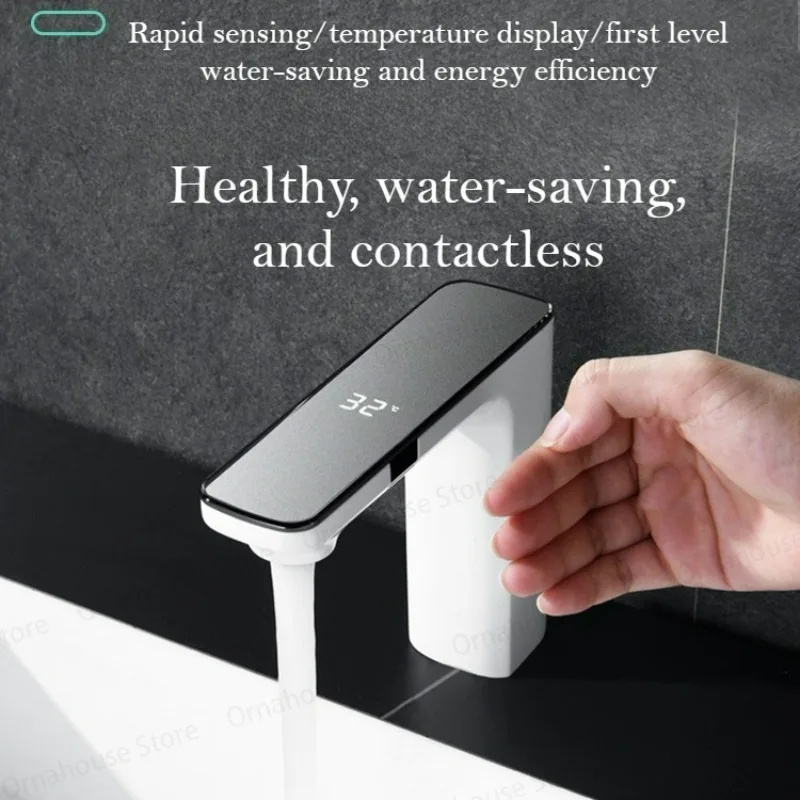 

White Smart Sensor Basin Faucet Digital Display Screen Hot Cold Water Mixer Tap Vanity Touchless Faucet for Bathroom Basin