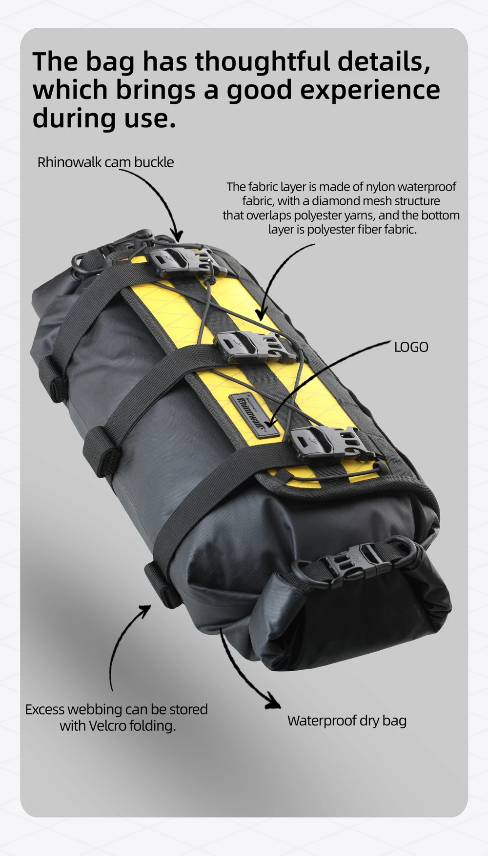 Rhinowalk Fahrradlenkertasche wasserdicht 10l Fahrrad-Reisetasche Trockentasche Bikepacking Fahrradzubehör für MTB – Detail 18